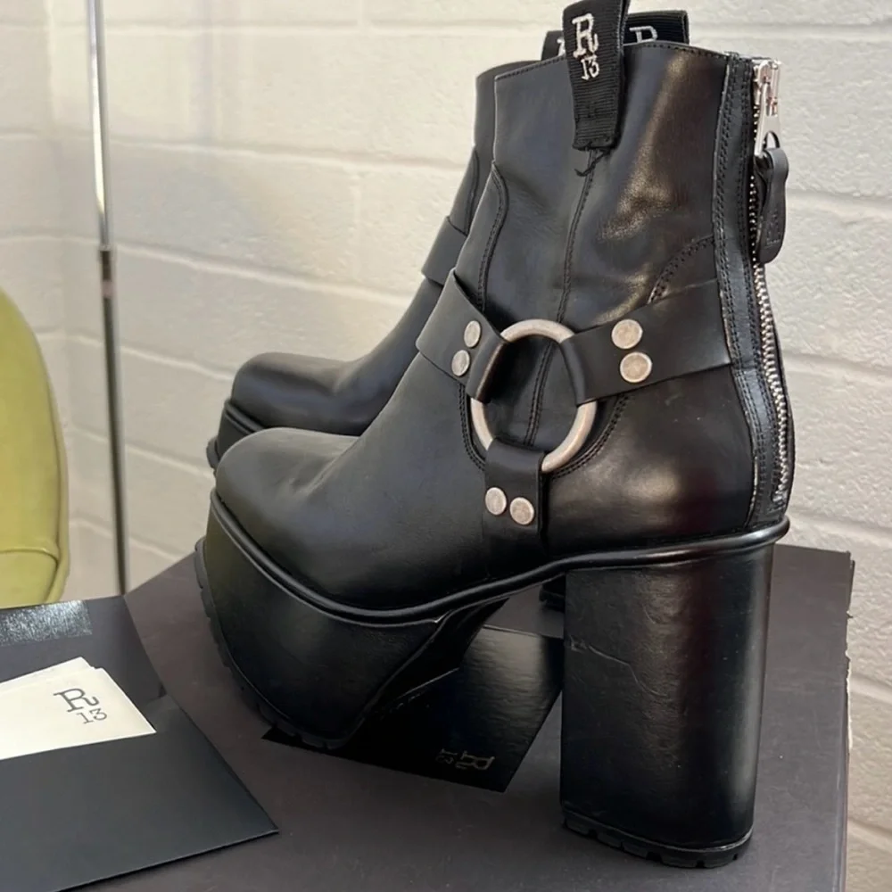 R13 Black Heeled Boots with Platform and Silver Hardware - Picture 2 of 6